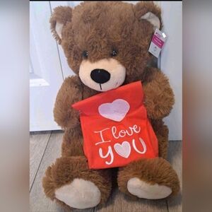Way To Celebrate Large Size Brown Teddy Bear with Red Heart Bag; I LOVE YOU. NEW